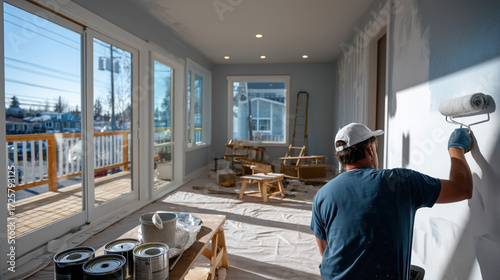 Wallpaper Mural Painter holding paint roller, painting white interior wall of under construction house that is nearing completion. working applying a white prime on a wall Torontodigital.ca
