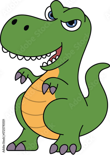A fun cartoon illustration of a cute and confident T-Rex dinosaur character, with a sly grin and big eyes, ready for adventure and prehistoric fun.