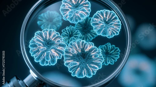 Focused science research with magnifying glass revealing glowing blue virus, bacteria, and cell. Laboratory microorganism analysis for microbiology and medical discovery