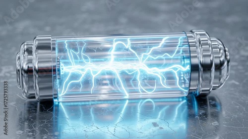 Futuristic high voltage battery container holding powerful cell of glowing blue plasma energy, an advanced technology concept for future of sustainable power