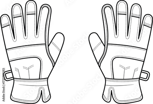 Gloves flat sketch, protective gloves design, sports gloves illustration, apparel technical drawing, fashion sketch, garment construction, handwear template, stitching detail,