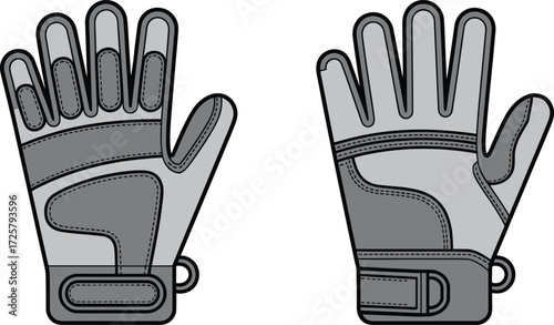 Protective gloves flat sketch, sports gloves illustration, apparel technical drawing, reinforced padding gloves, ergonomic glove design, fashion sketch, garment construction, clothing template