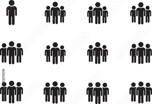 Black people icons, group silhouette set, demographic symbols, crowd figures, social structure, vector illustration, infographic elements, minimal design, team concept