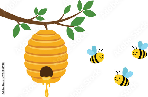 Adorable cartoon bees buzzing around a hanging beehive on a tree branch with green leaves creating a charming natural scene isolated on transparent background