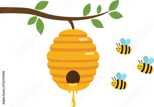 Charming beehive hanging from a tree branch with three happy bees flying around a sweet honeycomb scene isolated on transparent background
