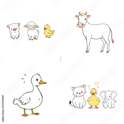 Cute cartoon farm animals including cow, duck, pig, and sheep  
