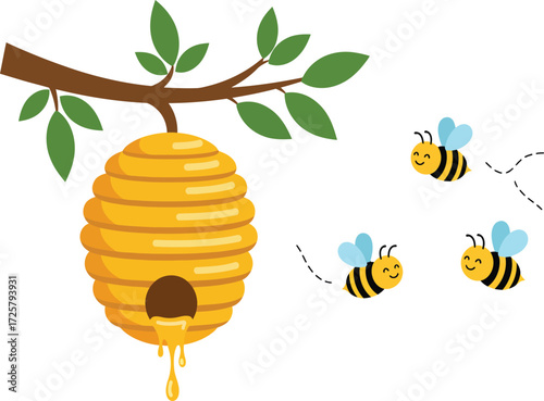 Charming beehive and bees hanging from tree branch depicting sweetness and nature isolated on transparent background