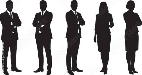 Business people silhouettes, professional team icons, corporate attire figures, workplace diversity, formal clothing, vector design, minimal style, career concept, black illustration
