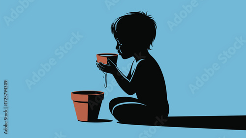 Poignant silhouette of a child drinking from a pot, symbolizing thirst and resourcefulness in a world facing water scarcity and environmental challenges