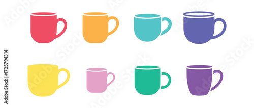 Eight colorful flat design mugs arranged in two rows coffee cup tea cup