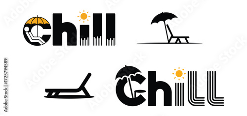 Black and yellow chill text with beach chair and sun icons typography vacation