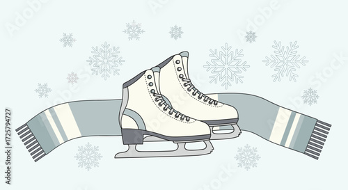 Pair of white figure skates with a grey scarf and snowflakes