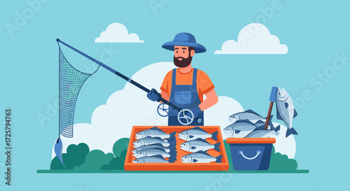 Fisherman with a catch of fish and fishing gear illustration