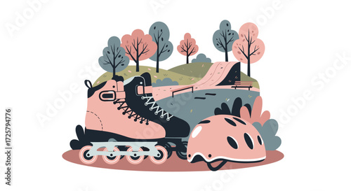 Rollerblades and helmet in a park with trees and a ramp
