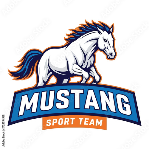 Dynamic white mustang horse galloping with mustang sport team logo and emblem