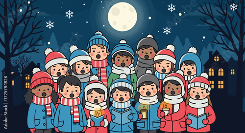 Diverse group of children singing carols under a full moon on a snowy night