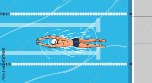 Swimmer performing front crawl stroke in a competition swimming pool