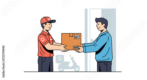 Delivery person hands a package to a customer at their door