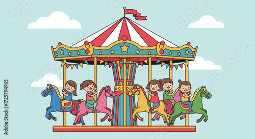 Children riding colorful horses on a vintage carousel amusement park ride