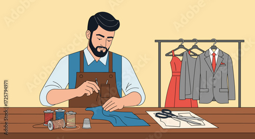 Bearded tailor working at a wooden table with sewing supplies and garments on a rack