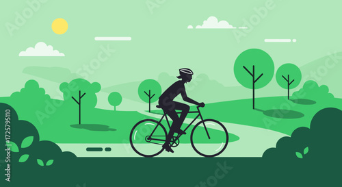 Person cycling on a scenic path through a green park on a sunny day