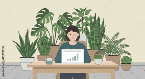 Woman working at desk surrounded by lush green houseplants