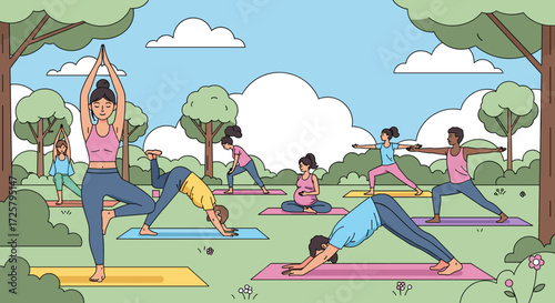 Diverse group of people practicing yoga outdoors in a park setting