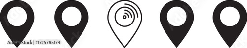 Location pin icons, black and white markers, geolocation symbols, map pointer set, vector design, minimal style, navigation concept, UI elements