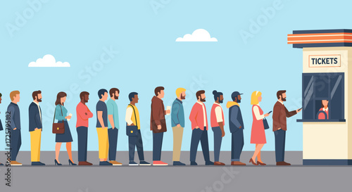 Diverse group of people standing in line at a ticket booth outdoors