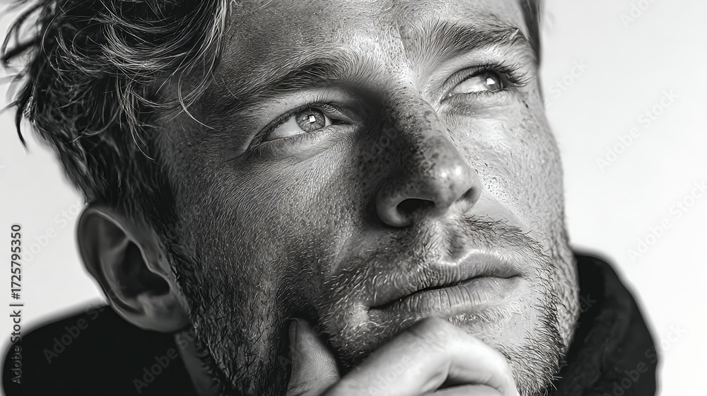 Obraz premium Black and white portrait of a thoughtful young man
