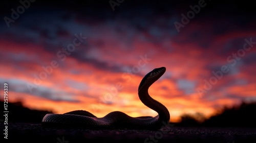 Serpent Silhouette Against Dramatic Sunset Sky with Vibrant Colors and Cloud Patterns, Capturing Nature's Beauty and Serene Moment in the Wild.