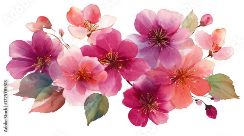 Watercolor pink and purple flowers isolated on transparent background