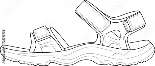 Outdoor sandal, hiking sandal, trekking footwear, rugged sole, adjustable straps, durable design, hook and loop closure, comfort midsole, adventure gear, summer shoe