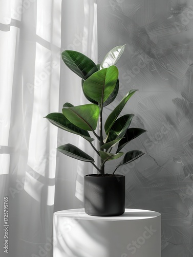 Elegant indoor plant with lush green leaves in a modern black pot set against a bright window with softly flowing sheer curtains, perfect for home decor inspiration