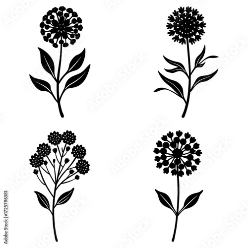 Illustration of four black and white flower arrangements with stems and leaves in a simple design style