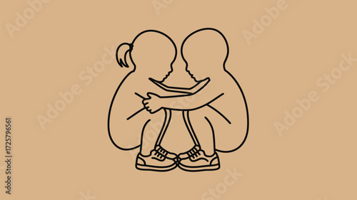 Heartwarming illustration of two young children embracing, radiating love and friendship in a minimalist, modern style perfect for children's content