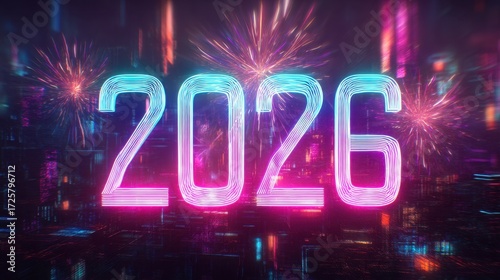 Glowing 2026 numbers with fireworks. New Year celebration or event. Creative template for banner.