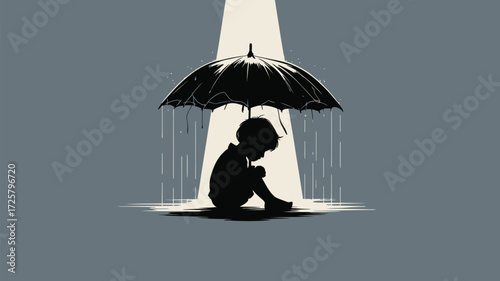 Heartbreaking silhouette of a child seeking shelter under an umbrella during a storm, evoking feelings of loneliness, sadness, and vulnerability