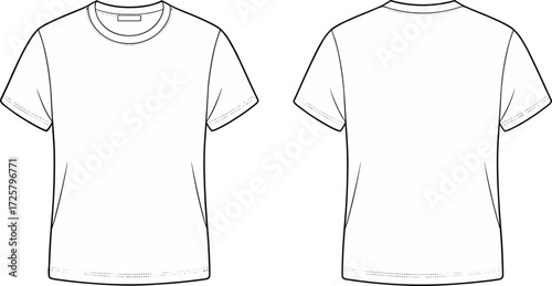 Plain white t-shirt front and back view, crewneck short sleeve design, cotton apparel mockup, fashion template, editable clothing layout
