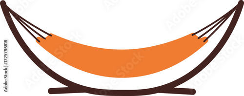 Bright orange hammock with curved metal stand for relaxing outdoor and indoor leisure and comfort isolated on transparent background