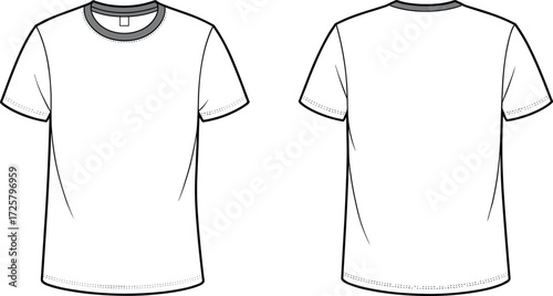 Plain white t-shirt front and back view, crewneck design, short sleeve apparel mockup, cotton fabric, fashion template, editable layout