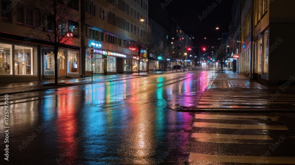Obraz premium Wet street at night reflecting colorful neon lights from city buildings. Urban landscape with illuminated storefronts and traffic lights.