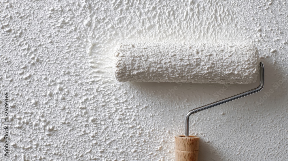 Obraz premium Paint roller applying white color to a textured wall. Home improvement and renovation concept. DIY painting.