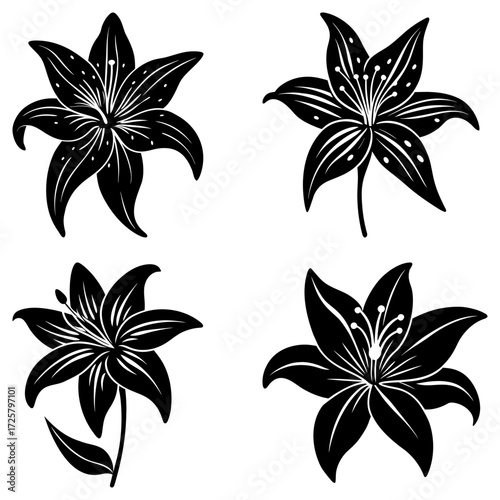 Collection of four stylized black and white lily flowers in various orientations and arrangements shown