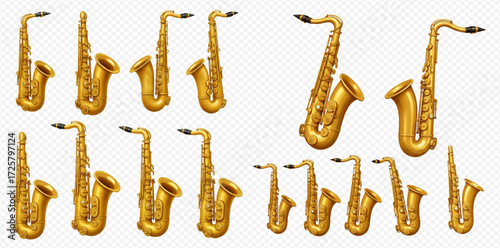 Multiple golden saxophones arranged in two rows against a transparent background.