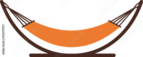 Simple icon of a curved hammock with orange fabric and black support lines evokes relaxation and outdoor leisure activities isolated on transparent background
