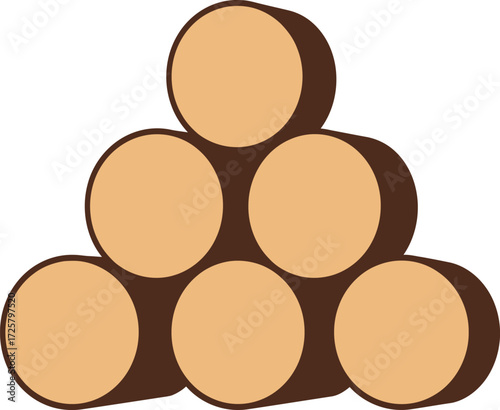 Stack of six round wooden logs arranged in a pyramid shape showing natural wood grain and bark texture isolated on white isolated on transparent background