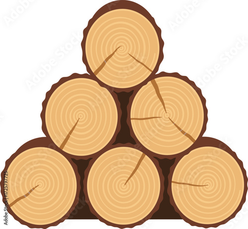 Stack of six cut logs arranged in a pyramid shape on a for timber and wood projects isolated on transparent background