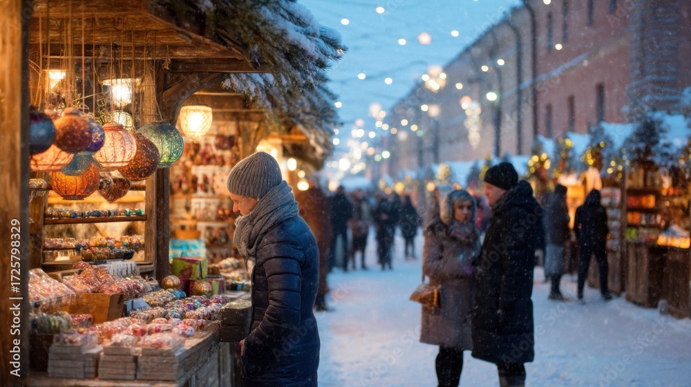 Obraz premium Woman shopping at winter Christmas market. Holiday street fair with festive decoration and snow. Open air annual souvenir stand.