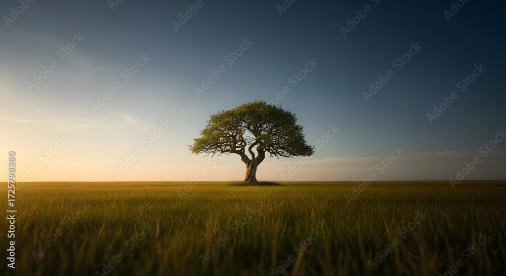 Fototapeta premium Lone Tree In A Field At Golden Hour Sunset
